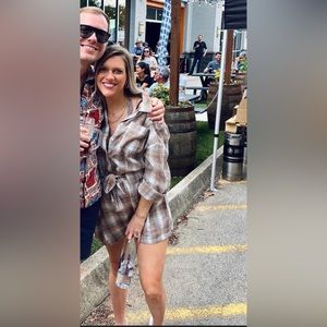 Long sleeve, short flannel romper with pockets